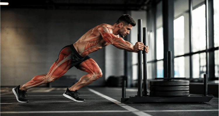 atleta fazendo sled push no hyrox