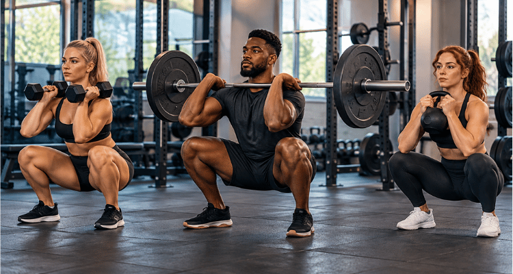 Variações com halteres, anilha, Smith e kettlebell